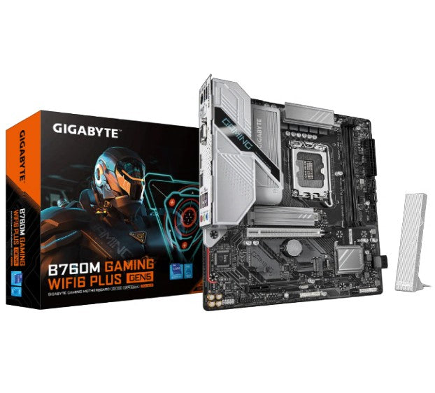 Gigabyte B760M GAMING WIFI6 PLUS GEN5 Intel LGA 1700 m-ATX Motherboard, 2xDDR5 ~128GB, 1xPCI-E x16, 1xPCI-E x1, 2xM.2, 4xSATA, 5xUSB 3.2, 2xUSB 2.0 Gigabyte B760M GAMING WIFI6 PLUS GEN5 Intel LGA 1700 m-ATX Motherboard, 2xDDR5 ~128GB, 1xPCI-E x16, 1xPCI-E x1, 2xM.2, 4xSATA, 5xUSB 3.2, 2xUSB 2.0